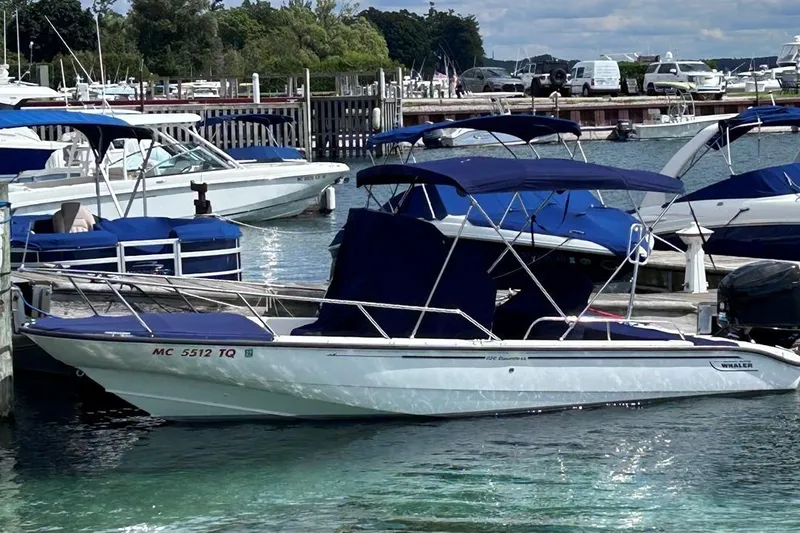 The Image of 2004 Boston Whaler 220 Dauntless boat docked in a marina with blue canopy. - 0