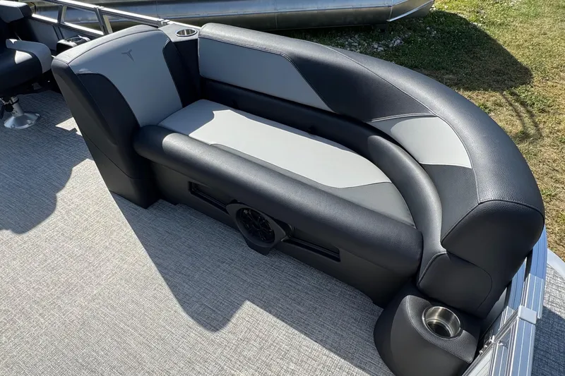 Slide: The Image of Luxurious seating on 2026 Tahoe Pontoon Sport 85 Quad Lounger 23, featuring sleek black and gray design. - 13