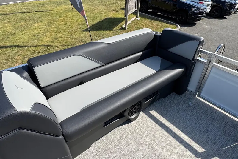 Slide: The Image of 2026 Tahoe Pontoon Sport 85 Quad Lounger 23, featuring sleek black and gray seating. - 7