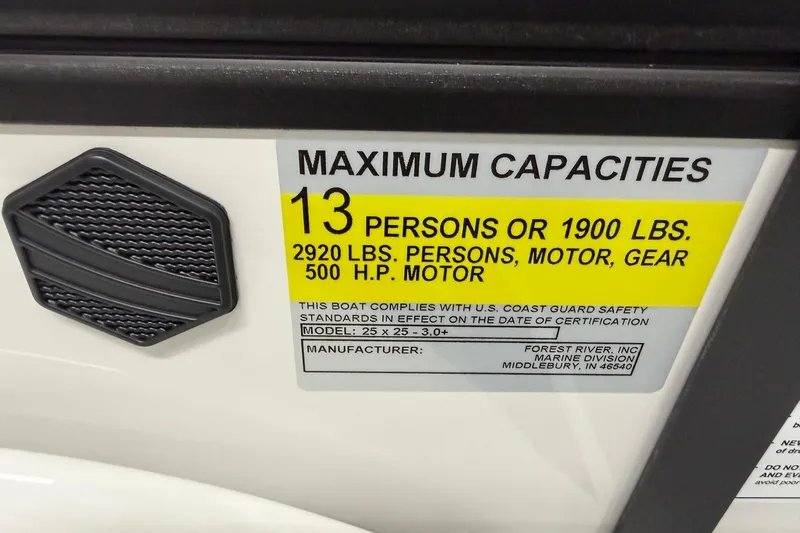 Slide: The Image of Maximum capacity label for South Bay 525SB2 boat, 2026 model, 13 persons or 1900 lbs. - 59