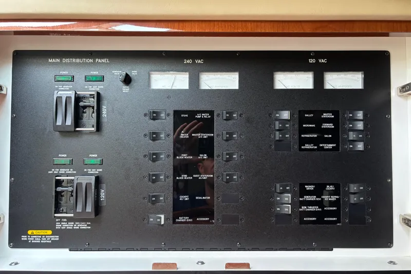 Slide: The Image of Main distribution panel of 2003 Sea Ray 550 Sundancer yacht, featuring 240V and 120V controls. - 44