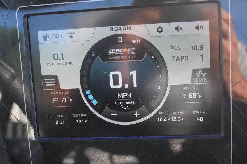 Slide: The Image of 2024 ATX Surf Boats 22 Type-S dashboard display showing speed, temperature, and system status. - 12