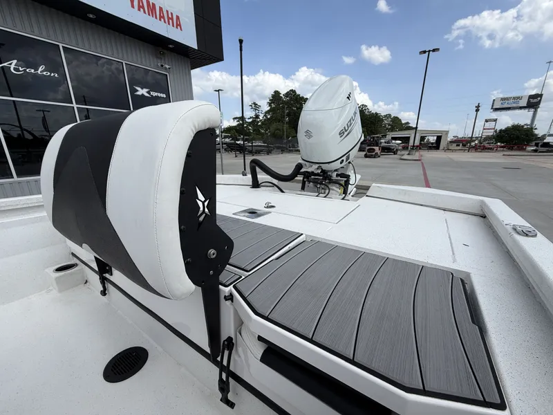 Slide: The Image of The image shows the stern of a 2022 Vexus AVX1980CC boat with a Suzuki outboard motor. - 18