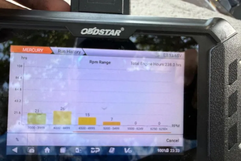 Slide: The Image of Display showing engine RPM history for SeaArk Stealth 190, 2010 model. Total hours: 238. - 31