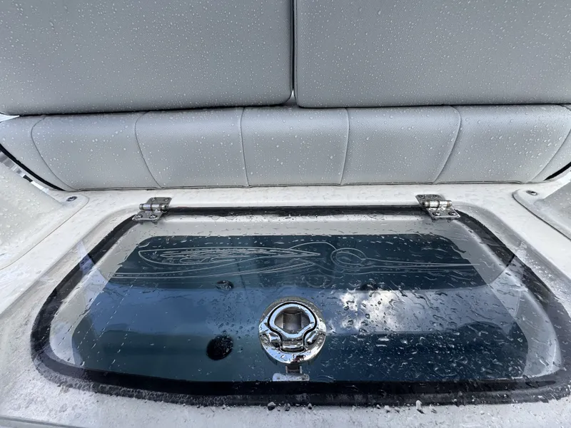 Slide: The Image of Close-up of a boat hatch with water droplets and an embossed fish design. - 45