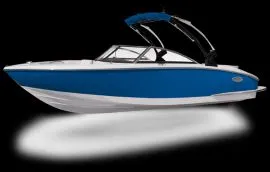 The Image of A blue and white 2022 Cobalt CS23 Surf boat with sleek design and black bimini top. - 1