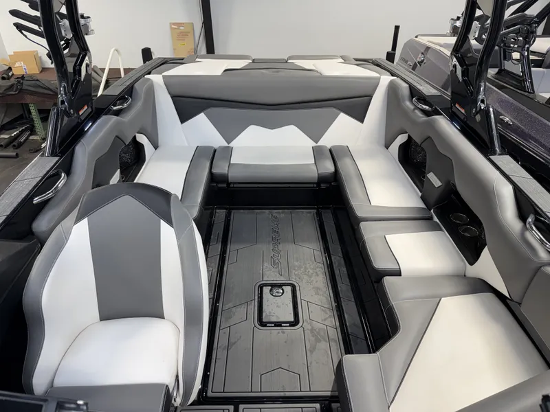 Slide: The Image of Interior of a 2020 Supreme ZS 232 boat with gray and white seating. - 25