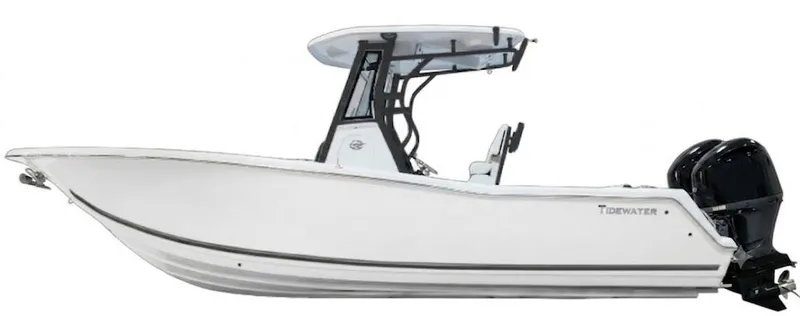 The Image of Tidewater 272 CC Adventure 2026: A modern white motorboat with twin outboard engines and a protective hardtop. - 1