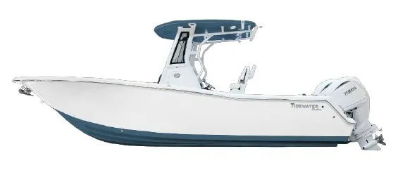 The Image of 2027 Tidewater 272 CC Adventure with a blue hull and white upper deck, featuring an outboard motor. - 1