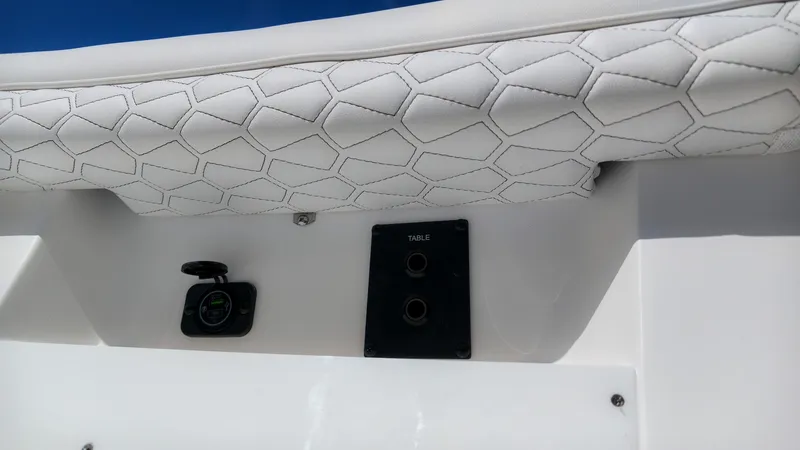 Slide: The Image of Close-up of a white boat cushion with geometric pattern and two sockets. - 28