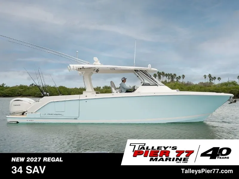 The Image of A Regal 34 SAV boat on the water with a captain on board. - 1