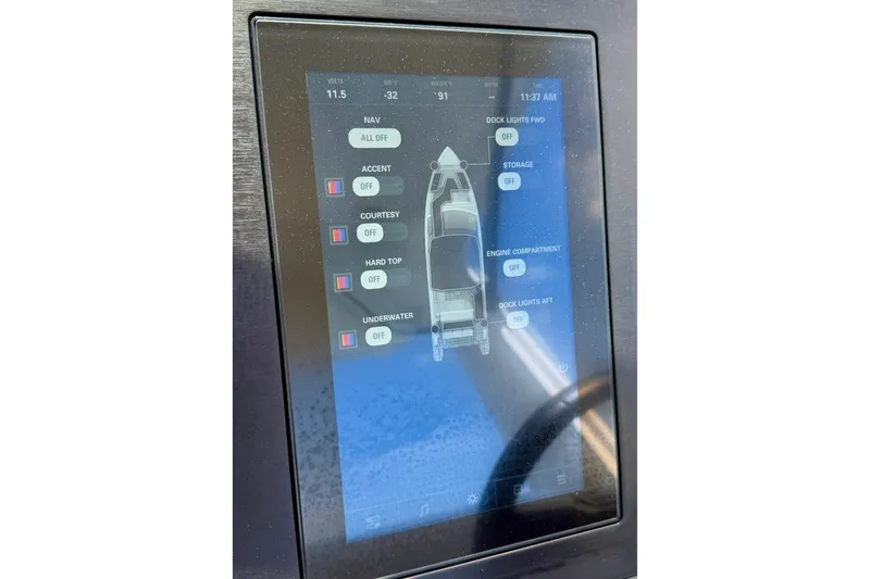 Slide: The Image of Touchscreen control panel of 2022 Aviara AV32 OB boat displaying lighting options. - 50