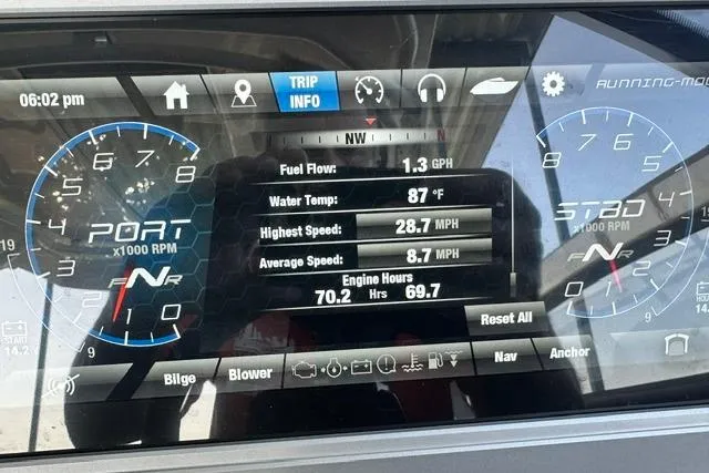 Slide: The Image of Dashboard of a 2021 Yamaha Boats 275SD showing trip info and engine metrics. - 12