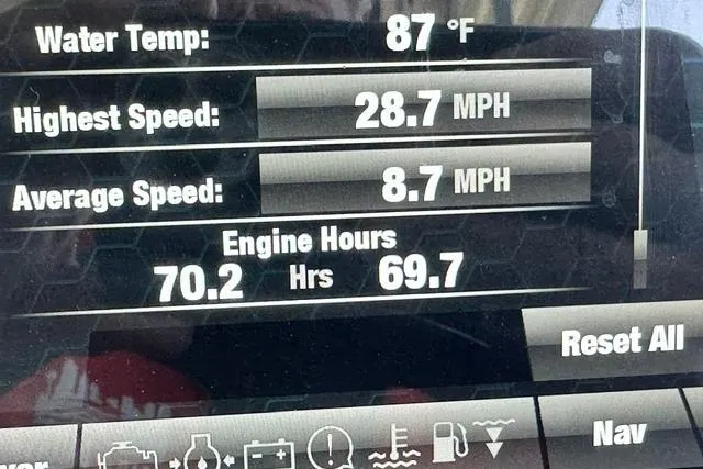 Slide: The Image of Display screen of 2021 Yamaha Boats 275SD showing water temperature and speed metrics. - 13