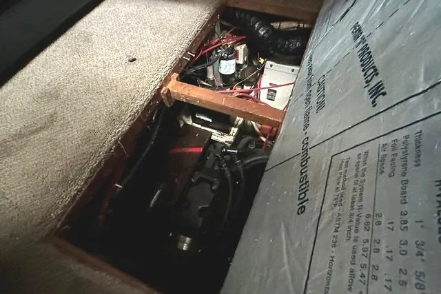 Slide: The Image of Engine compartment of 1989 Carver 32 Aft Cabin Motor Yacht, showing wiring and components. - 29
