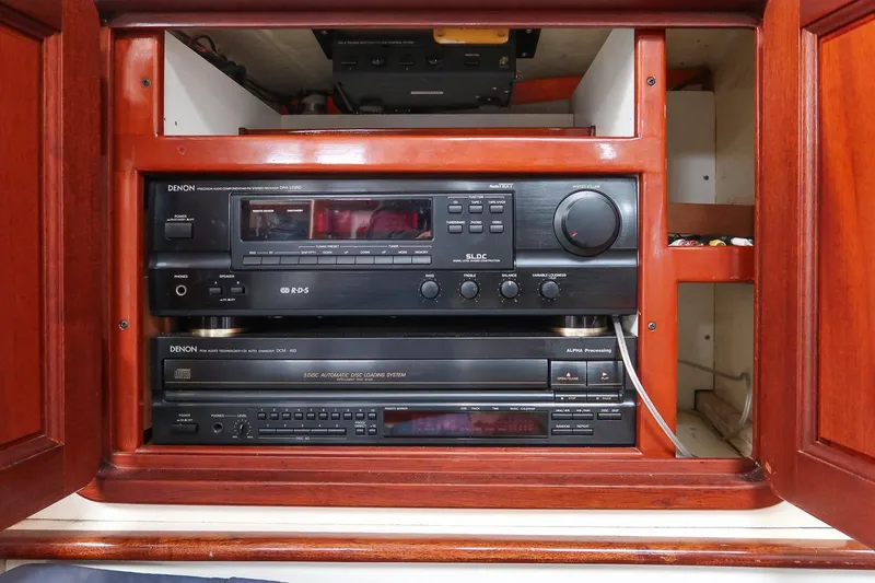 Slide: The Image of Denon audio system in wooden cabinet on 1992 Morris Ocean Series 44 yacht. - 55