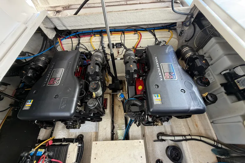 Slide: The Image of Engine compartment of a 2009 Monterey 340 Sport Yacht with dual Volvo Penta engines. - 53