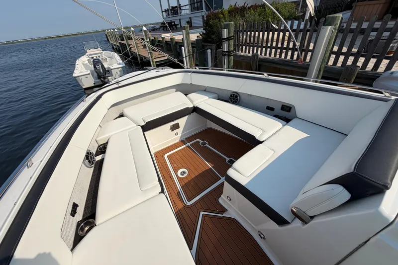 Slide: The Image of Luxurious 2017 Monterey 378SE Super Express boat with spacious seating and elegant wood flooring. - 26