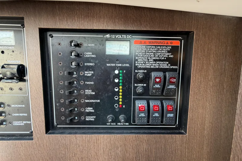 Slide: The Image of Control panel of a 2017 Monterey 378SE Super Express boat with various switches and warnings. - 42