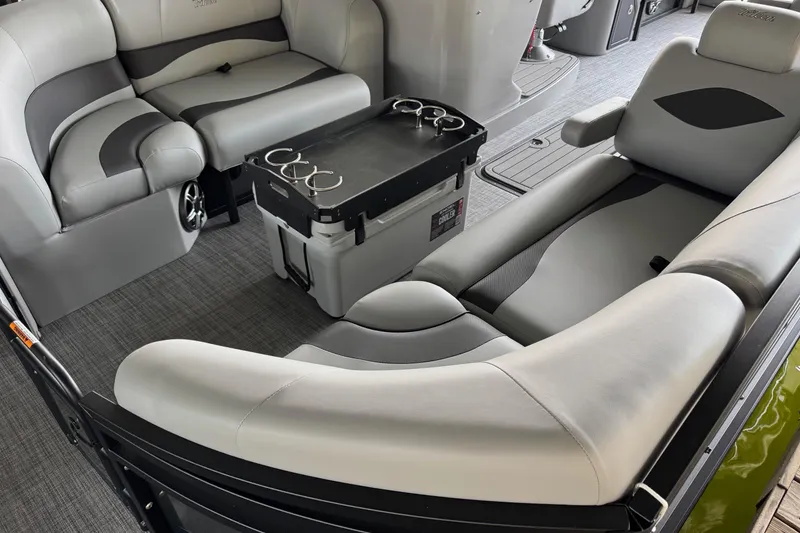 Slide: The Image of Interior of 2026 JC Neptoon Sport 23TT DSL pontoon boat with plush seating and cup holders. - 19