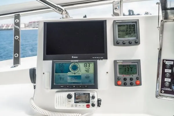 Slide: The Image of Navigation systems and instruments on a yacht's helm station. - 17
