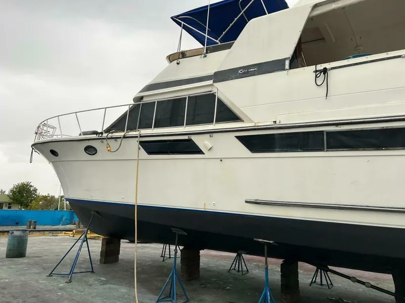Slide: The Image of 1987 Californian 42 Motor Yacht on stands, undergoing maintenance. - 37