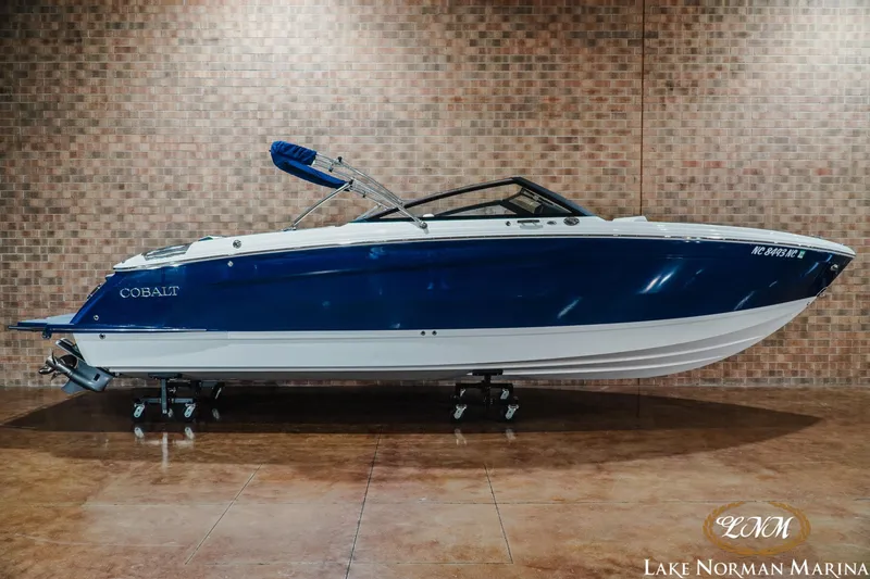 The Image of 2024 Cobalt R8 boat in showroom, blue and white design, displayed at Lake Norman Marina. - 1