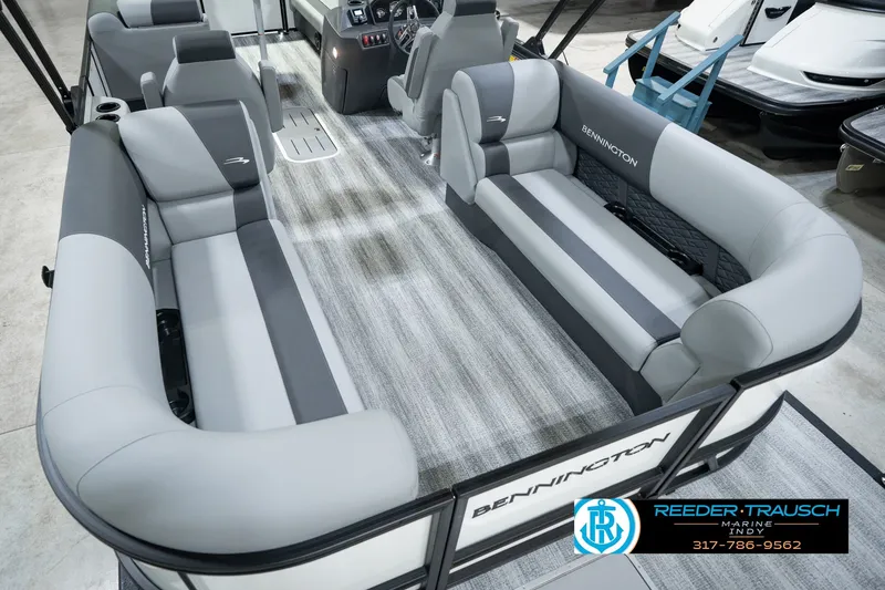 Slide: The Image of 2027 Bennington 22 SSR pontoon boat interior with gray seating and modern design. - 18