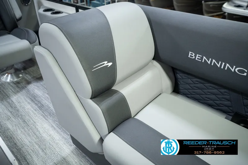 Slide: The Image of Luxurious seating in the 2027 Bennington 22 SSR pontoon boat, featuring elegant upholstery. - 29