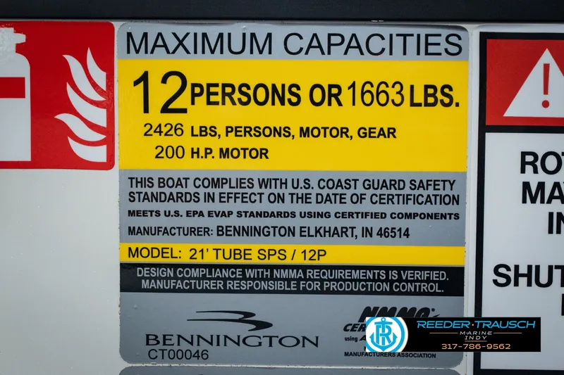 Slide: The Image of Capacity label for 2027 Bennington 22 SSR boat, 12-person, 1663 lbs, 200 HP motor. - 62
