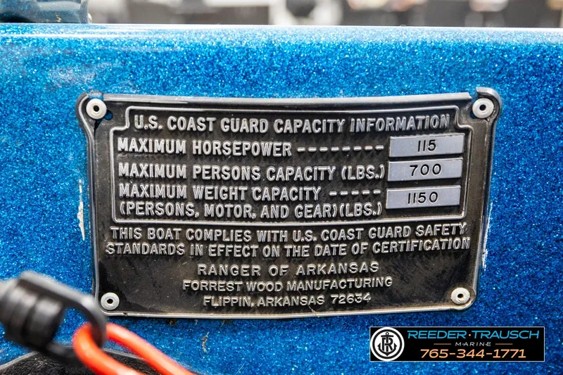 Slide: The Image of U.S. Coast Guard capacity plate on 1980 Ranger 175 VS boat, detailing safety specifications. - 45