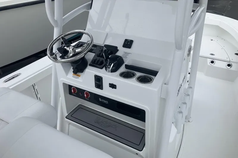 Slide: The Image of 2026 BlackJack 256 Coastal boat console with steering wheel and controls. - 17