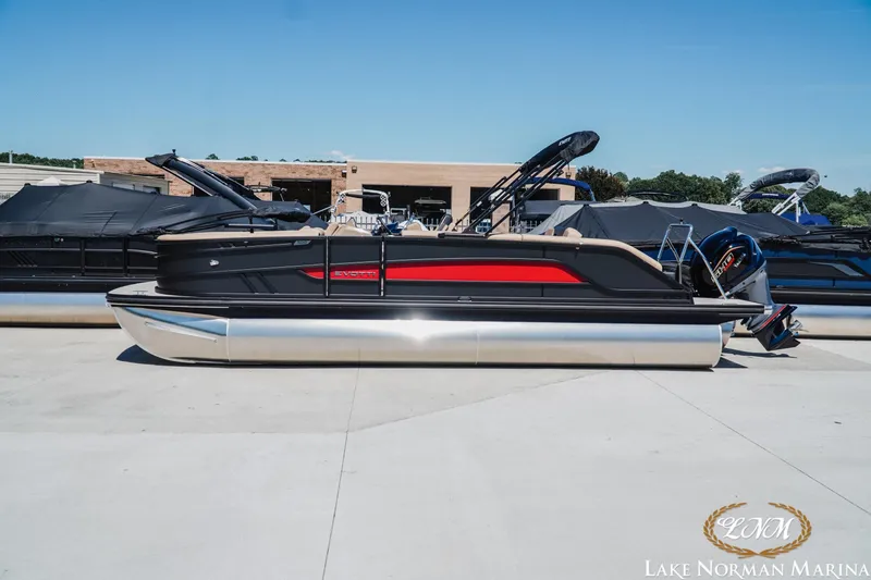 The Image of 2026 Evotti 523CS pontoon boat with sleek design at Lake Norman Marina. - 1