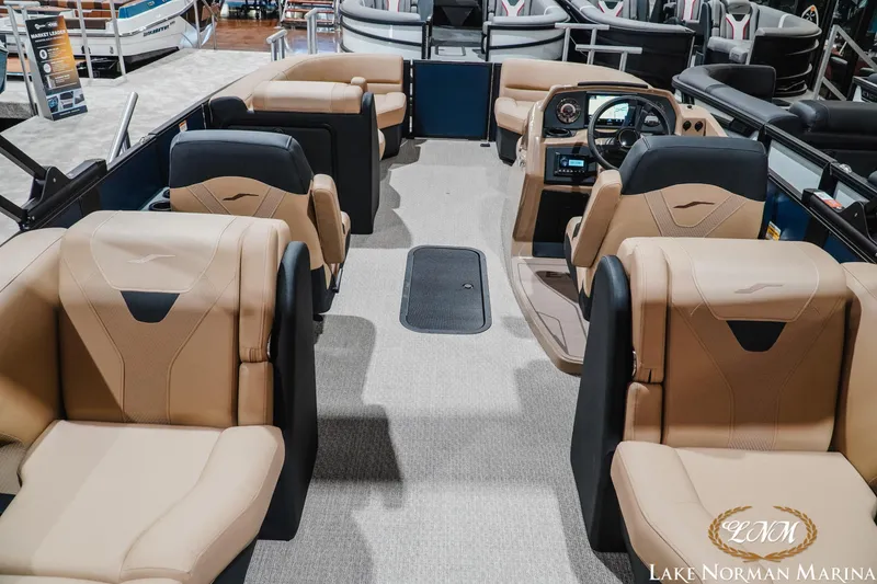 Slide: The Image of Interior of 2027 Evotti 521QL boat with luxurious seating at Lake Norman Marina. - 5
