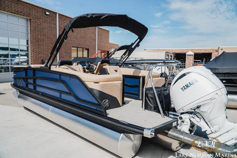Slide: The Image of Evotti 521QL pontoon boat, 2027 model, with Yamaha engine at Lake Norman Marina. - 3