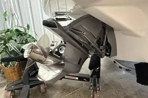 Slide: The Image of 2027 Regal LS2 boat propeller and stern drive in a garage setting. - 11