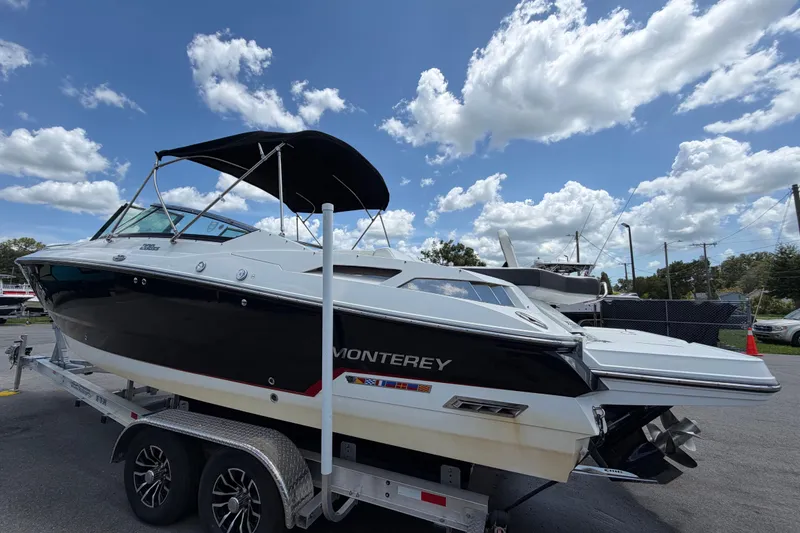 Slide: The Image of 2015 Monterey 288SS Super Sport boat on trailer under blue sky with clouds. - 8