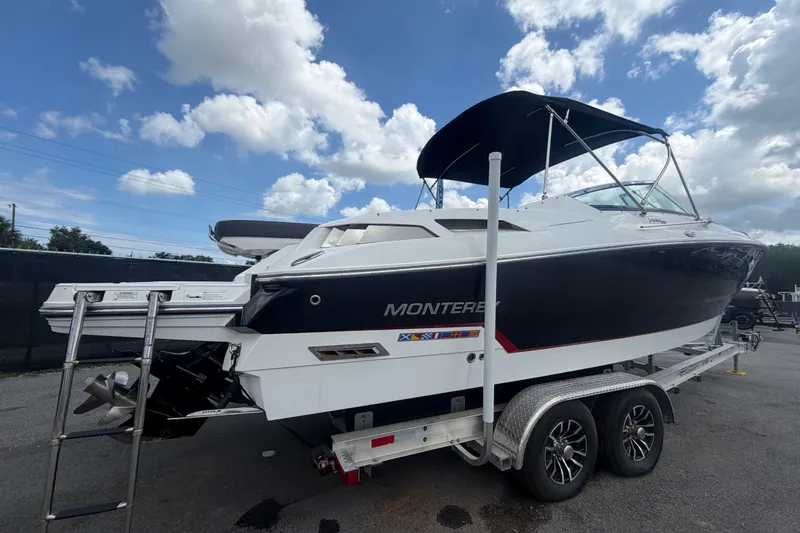 Slide: The Image of 2015 Monterey 288SS Super Sport boat on trailer under cloudy sky. - 2