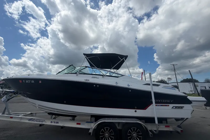 Slide: The Image of 2015 Monterey 288SS Super Sport boat on trailer under cloudy sky. - 9