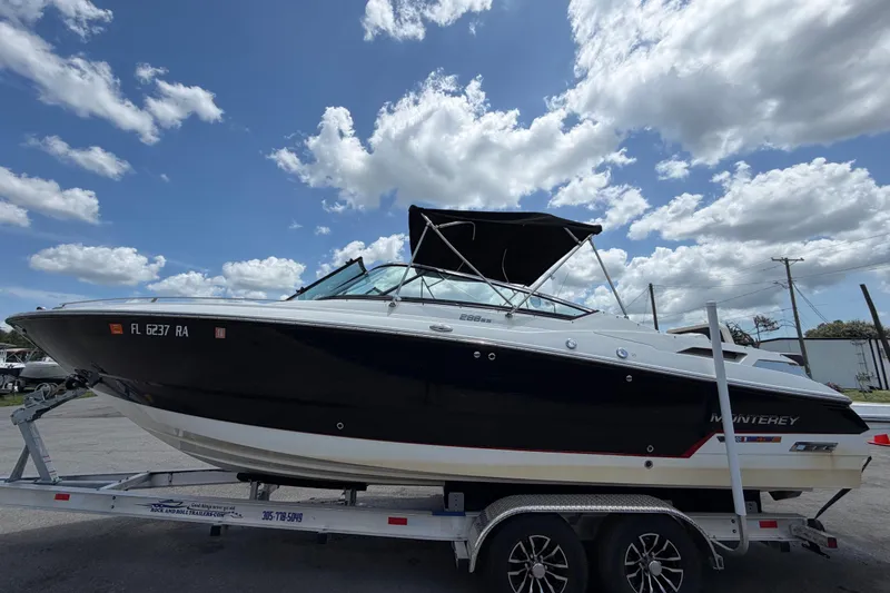 Slide: The Image of 2015 Monterey 288SS Super Sport boat on trailer under blue sky. - 9