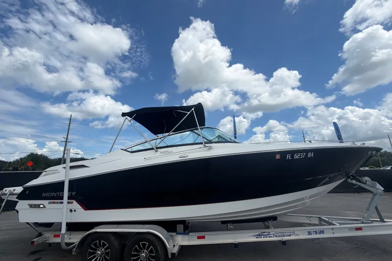 Slide: The Image of 2015 Monterey 288SS Super Sport boat on trailer under blue sky with clouds. - 1