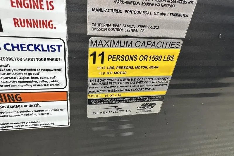 Slide: The Image of 2019 Bennington 20 SLM capacity label: 11 persons or 1590 lbs, 115 HP motor. - 22