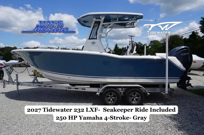 The Image of 2027 Tidewater 232 LXF boat with 250 HP Yamaha engine on trailer, gray color. - 0