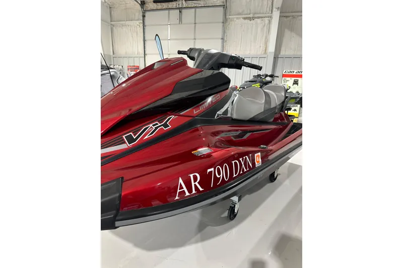 Slide: The Image of 2019 Yamaha WaveRunner VX Limited in red, displayed indoors on a stand. - 21