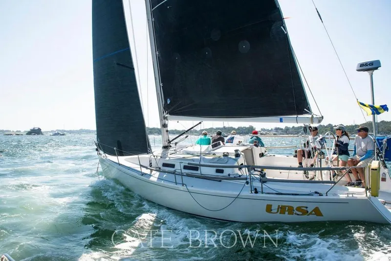 Slide: The Image of 2004 J Boats J/109 sailboat "URSA" sailing with crew on a sunny day. - 8
