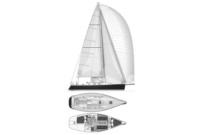 Slide: The Image of Blueprint of 2004 J Boats J/109 sailboat, showcasing side and top views. - 28