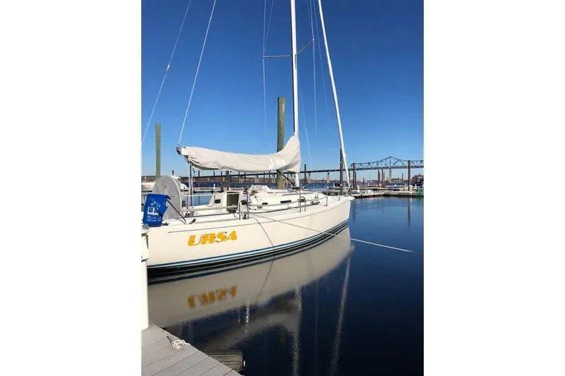 Slide: The Image of 2004 J Boats J/109 sailboat "URSA" docked in a marina under clear blue skies. - 22