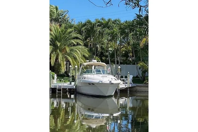 Slide: The Image of 2001 Sea Ray 340 Sundancer docked by lush palm trees. - 3