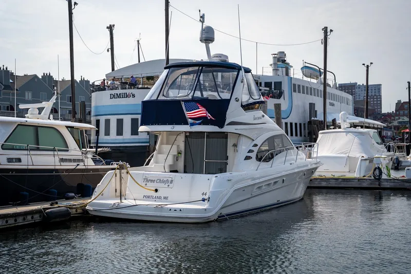 Slide: The Image of 2006 Sea Ray 44 Sedan Bridge yacht docked at a marina, Portland, ME. - 3