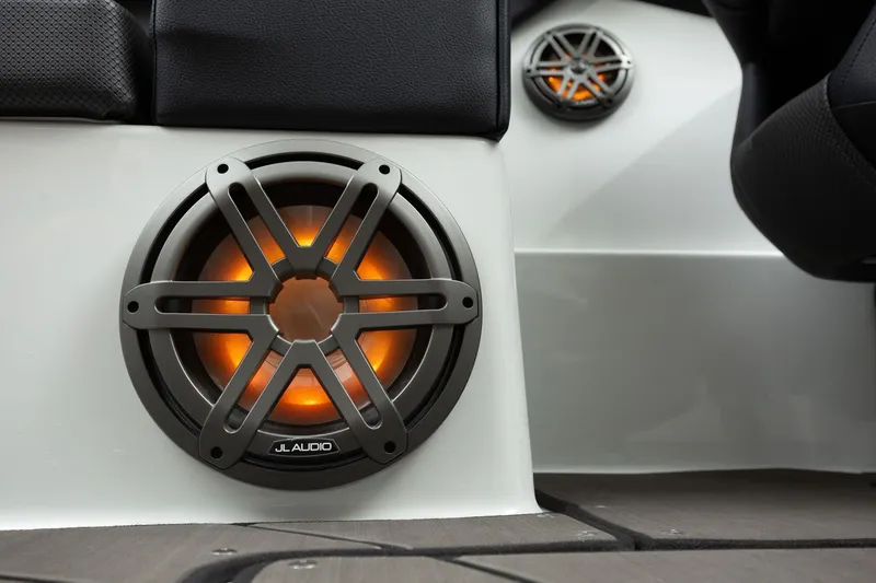 Slide: The Image of Close-up of an illuminated speaker on a Scarab 255 LX boat. - 10